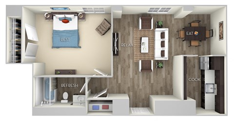 Floor plan for 1 bed, 1 bath, 519 sqft
